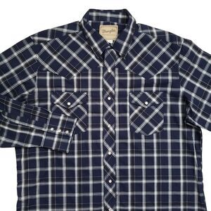 VTG Wrangler Western Shirt Mens XL Plaid Pearl Snap Long Sleeve Western Cowboy